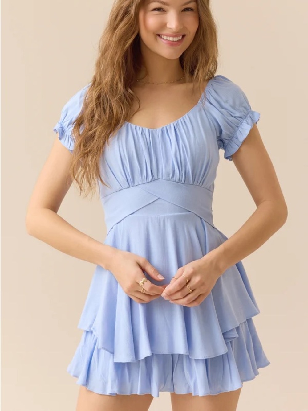 Altar'd State Haisley Double Layered Romper in Blue Puff Sleeves Cottagecore